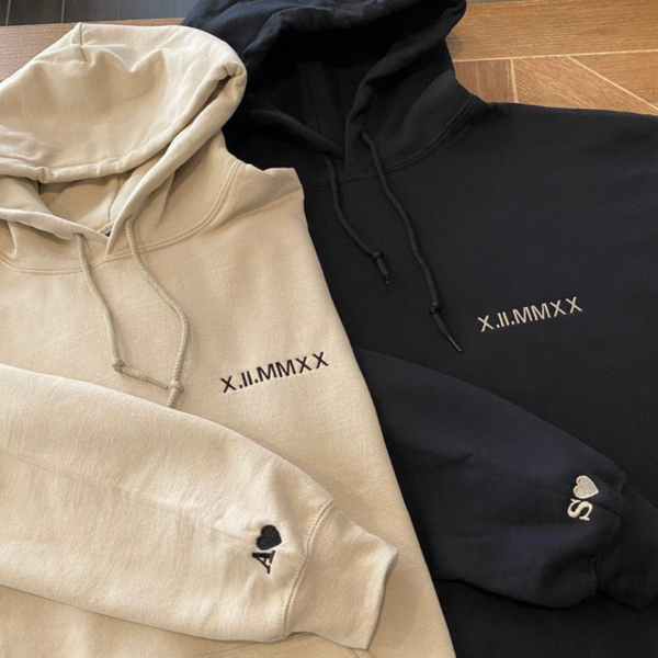 Roman Numeral Embroidered Matching Hoodie. Custom Anniversary Date Couple Hoodies. Anniversary Gift