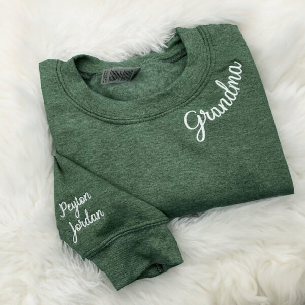 Personalized Grandma Sweatshirt with Kids Names Embroidered Collar. Great Grandma Embroidered Sweatshirt