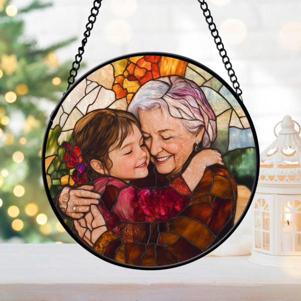 Personalized Grandma And Grandkids Portrait Faux Stained Glass. Custom Photo Family Window Hanging Ornament