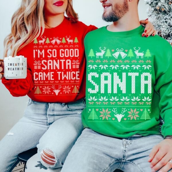 Unisex Funny Couples Ugly Christmas Sweater. Couples Matching Ugly Christmas Sweater. Santa Twice