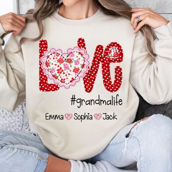 Love grandmalife Valentine Heart Flower And Grandkids Sweatshirt